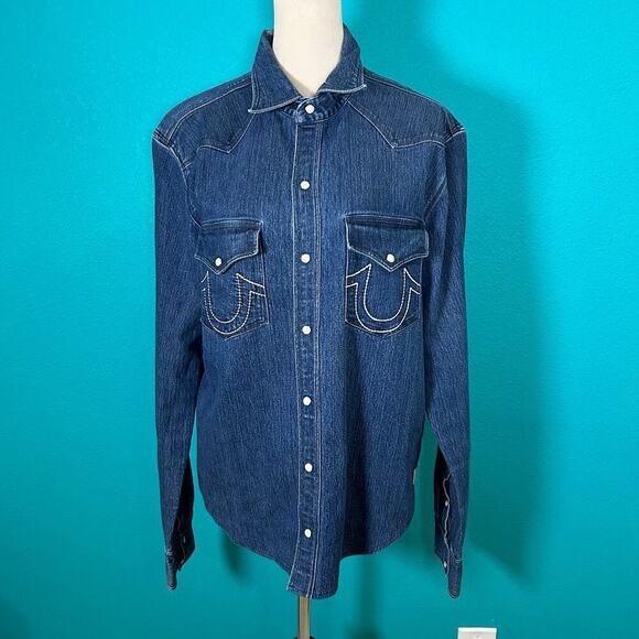 True Religion Mens Dark Wash Indigo Blue Western Shirt Cotton Button-Down Size L - Picture 2 of 6